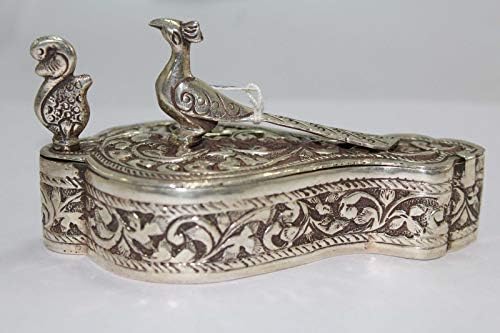 Rajasthan Taşlar El Kazınmış Biblo Kutusu Damgalı 925 Ayar Gümüş Tavuskuşu Kuş Figürü