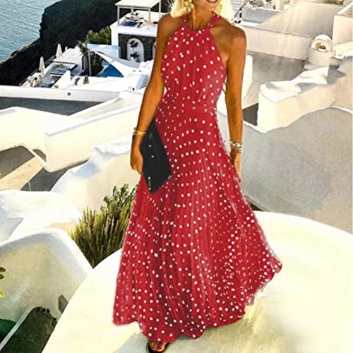 Kadın Boho Maxi Elbise Polka Dot Baskı Halter Kolsuz İmparatorluğu Bel Rahat Pilili Salıncak uzun elbise
