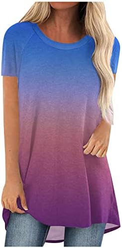 Kadınlar için rahat Crewneck Tops Yaz Kısa Kollu Ombre Renk T Shirt Moda Uzun Tunik Tees Rahat Gevşek Fit Bluz