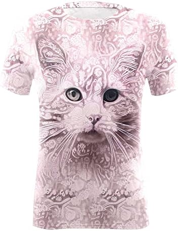 2023 Bayan Yaz Üstleri 3D Kedi Baskı Yuvarlak Boyun Kısa Kollu Günlük Rahat Gevşek Tees Artı Boyutu Klasik Bluzlar