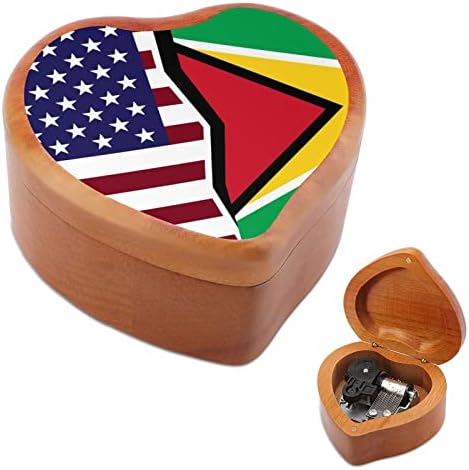 Amerikan ve Guyana Bayrağı Vintage Ahşap Clockwork Müzik Kutusu Kalp Şeklinde Müzik Kutusu Sevgilisi için Hediyeler
